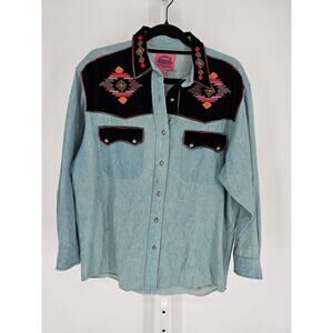 Vtg 1980s Cambridge Country Store Womens Sz 10 Denim Beaded Western Shirt Blue